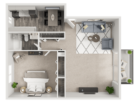 Floor plan for 1 bed, 1 bath, 670 sqft